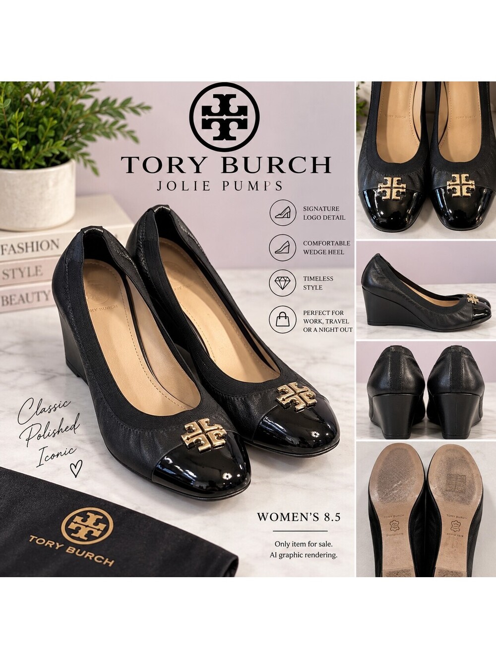 Tory Burch Jolie Pumps 8.5 Black Patent Cap Toe Gold Logo Wedge
